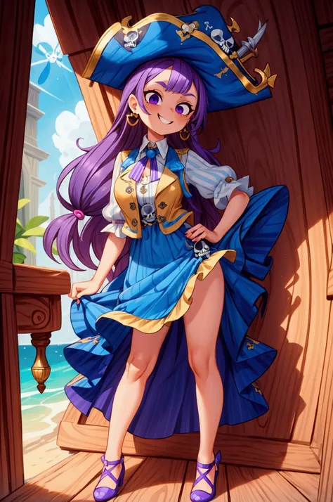  masterpiece , la mejor calidad) Standing, interior,  intricate details , Sunlight, sky blue striped ruffle dress with revealing neckline,  pirate vest , pirate style, skull emblem ,  cute pirate hat, gold earrings, shoes blue , violet hair,  purple eyes, ...