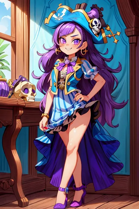  masterpiece , la mejor calidad) Standing, interior,  intricate details , Sunlight, sky blue striped ruffle dress with revealing neckline,  pirate vest , pirate style, skull emblem ,  cute pirate hat, gold earrings, shoes blue , violet hair,  purple eyes, ...