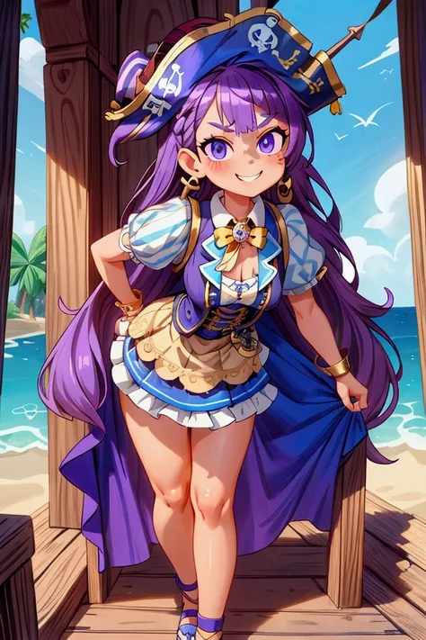 ( masterpiece , la mejor calidad) Standing, interior,  intricate details , Sunlight,  dress with sky blue and white striped ruffles short collar,  pirate vest , pirate style, skull emblem ,  cute pirate hat, gold earrings, shoes blue ,  violet hair,  purpl...