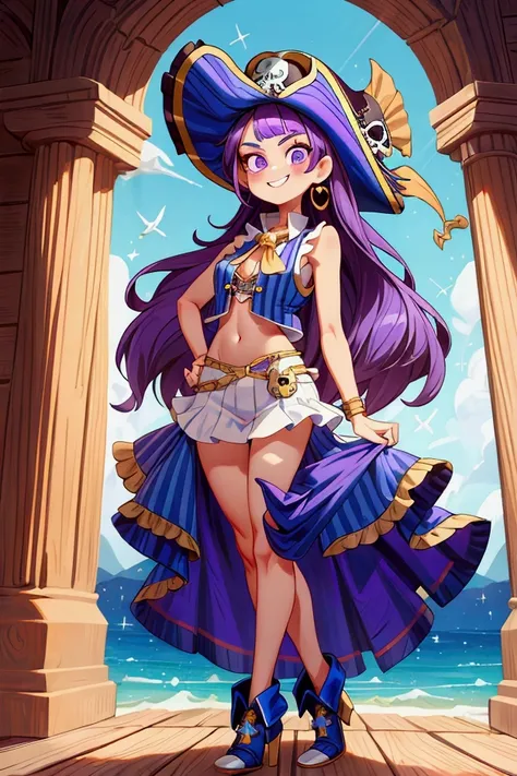 ( masterpiece , la mejor calidad) Standing, interior,  intricate details , Sunlight, sleeveless sky blue and white striped ruffle dress,  pirate vest , pirate style, skull emblem ,  cute pirate hat, gold earrings, shoes blue ,  violet hair,  purple eyes,  ...