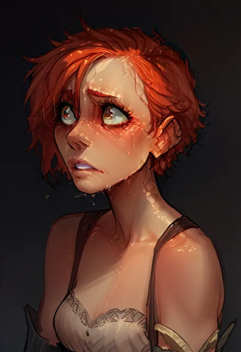 a red-haired girl with short hair and pinched eyes