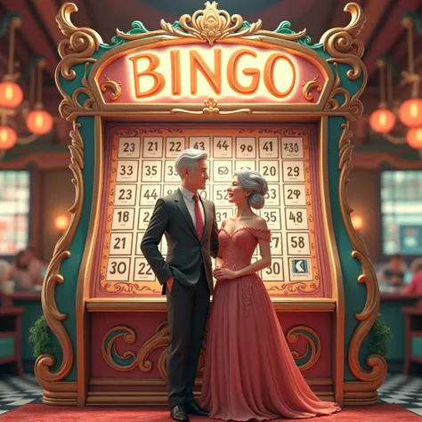  woman and man with silver hair ,Cute and beautiful,handsome, Background is BINGO ,Decorative Arts, 3D rendering, , Anime images,4k Bingo Sign Holder Stand