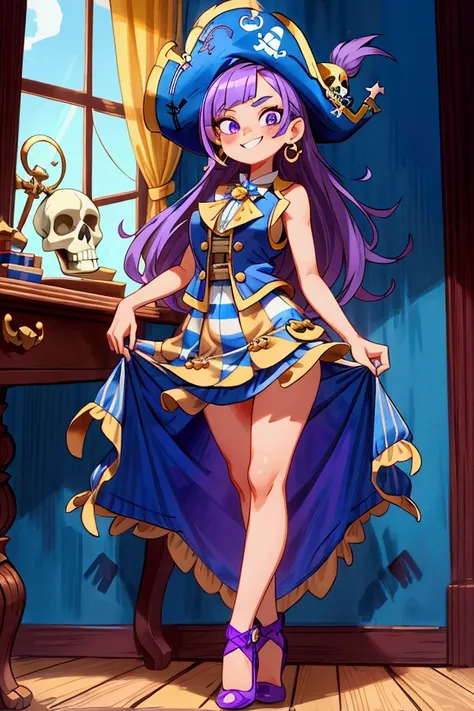  masterpiece , la mejor calidad) Standing, interior,  intricate details , Sunlight, sleeveless sky blue and white striped ruffle dress,  pirate vest , pirate style, skull emblem ,  cute pirate hat, gold earrings, shoes blue , violet hair,  purple eyes,  na...