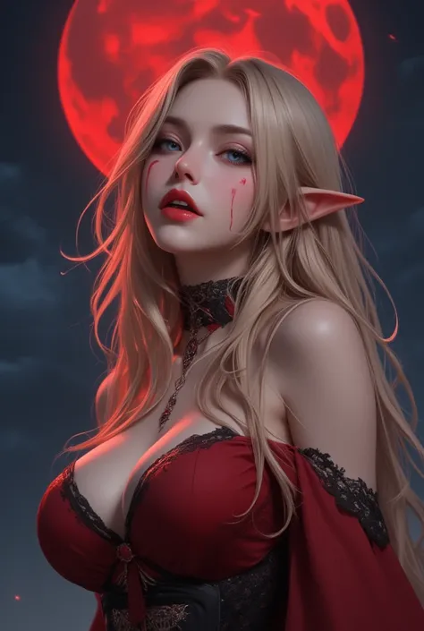 cool beauty vampire, vampire fangs, red liquid dripping from the corners of red lips, blonde shiny silky disheveled hair, make u...