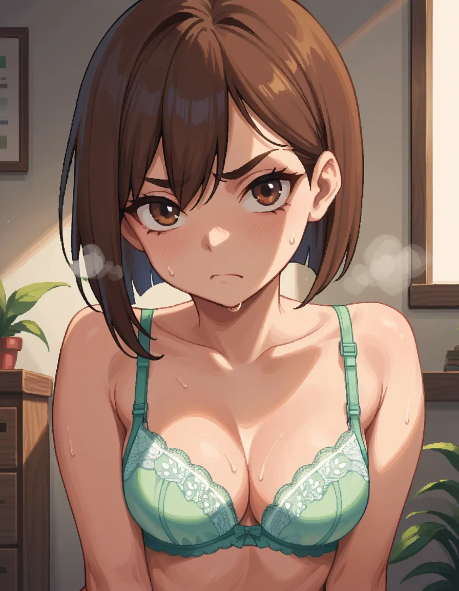 momo ayase, short hair, brown hair, brown eyes, bangs, thick eyebrows, medium breasts,,pixel art,,,looking viewer,sweating,steam...