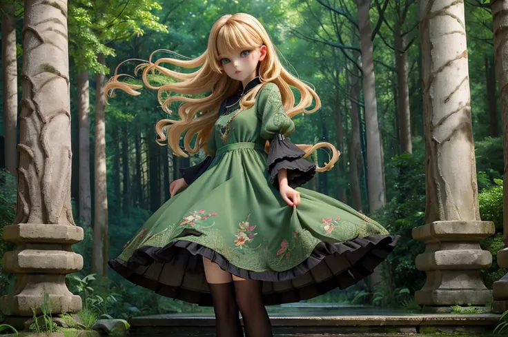 whole body、dress、 pantyhose、 black footwear 、blonde、loose blade、beautiful face、green eyes、forest background、(masterpiece:1.2)、be...