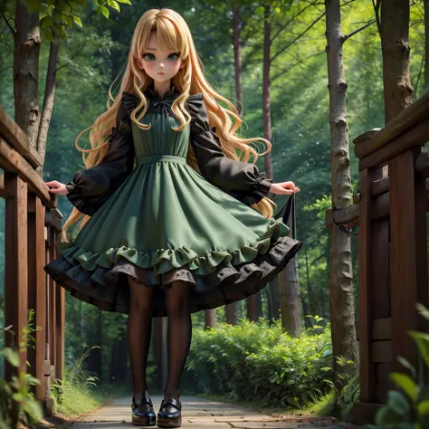 whole body、dress、 pantyhose、 black footwear 、blonde、loose blade、beautiful face、green eyes、forest background、(masterpiece:1.2)、be...