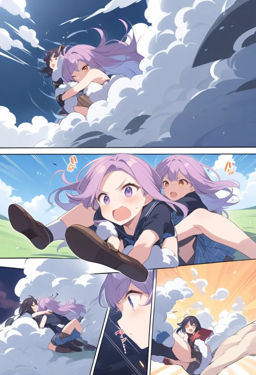 an anime-style comic depicting girls playfully wrestling with each other inside a  comical fight cloud(thunder cloud).
each girl...