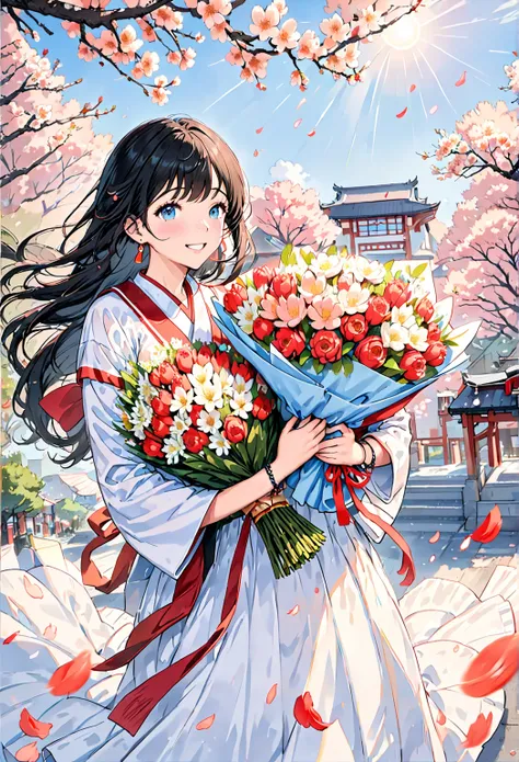 thin、cute、Peach Blossom Avenue 、One Woman、(  Holding Lots of Bouquets in Front of My Chest with Both Hands、 Peach Blossom wafuku  :1.5),  bracelet, earrings with cups、  grains of light scattered all over the screen  .、  long black hair  , Large Breasts、 Fi...