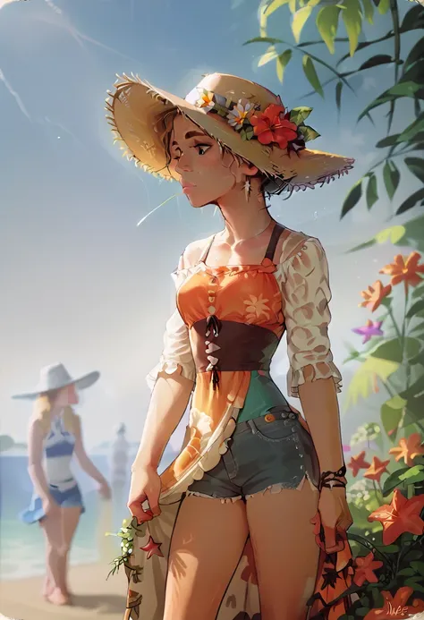 (masterpiece:1.2), (best quality:1.3), shallow_sunset, 1girl, standing, cowboy_shot, straw_hat, swimsuit, dress, shorts, flower,...