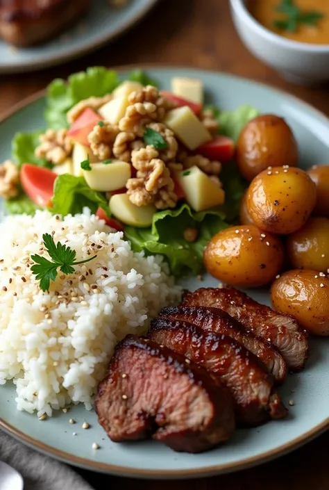  a realistic image of a food plate containing Waldor salad, Rice with sesame seeds ,  potatoes shell and grilled brisket .