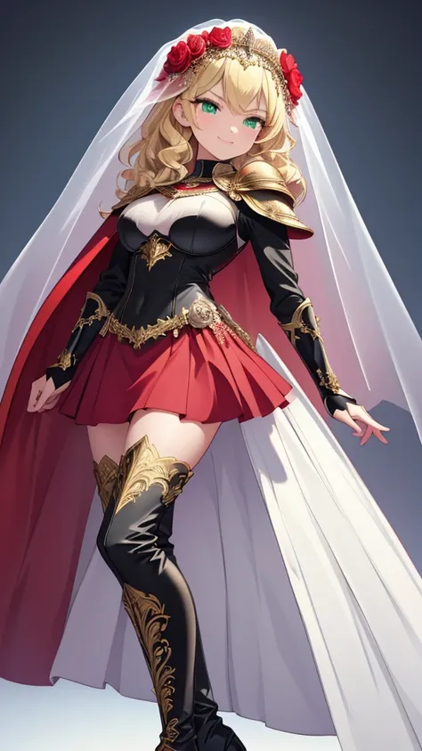 masterpiece, Best Quality,  no background, ((Red cape on shoulders,Luxuriously Embellished Black Breastplate ,short white translucent wedding veil with flower decoration,Images of tall women)), huge breasts, Bust-length blonde ,Pale skin,smile,closed mouth...