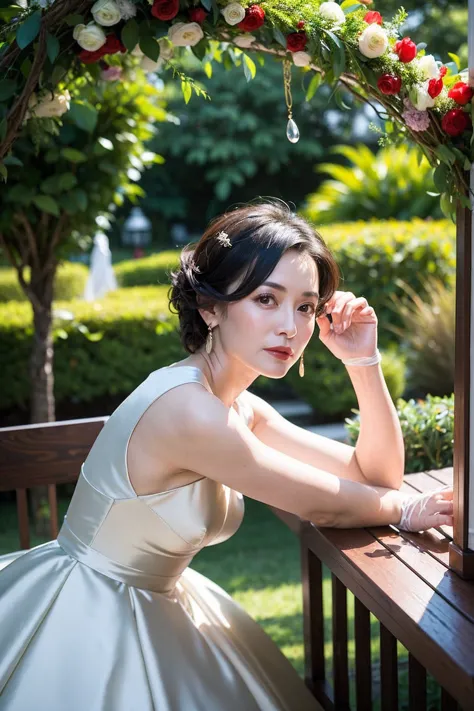 ((masterpiece)), ((best quality)), a middle-aged short-hair woman, ((she is wearing a satin wedding dress)), she is in a garden,...