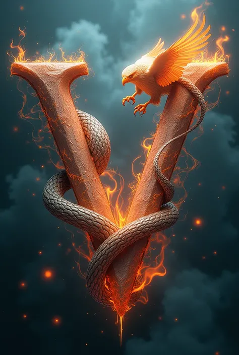 The letter W is in the form of a snake, a burning life and a falcon