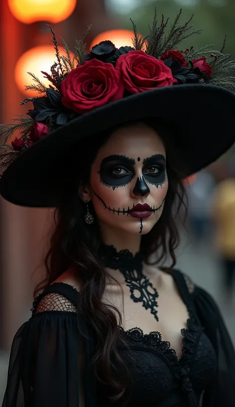 realistic intricate sensual photography bigboods catherina mexico day of the dead ,  with gothic art style hat , dark lights, sh...