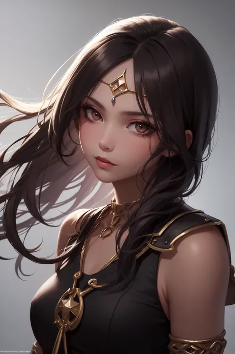 High fantasy bandit, beautiful 20 year old woman, human, dark tan skin, dark hair, dark eyes, high detail, portrait, ruby forehead circlet, fully clothed