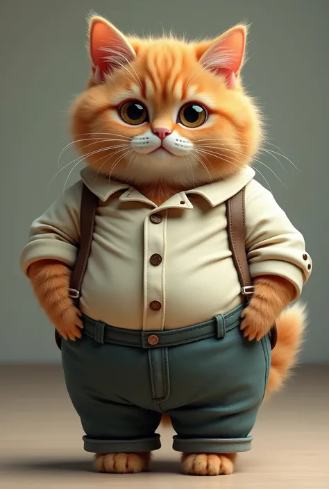 Fat realistic cute cat is wearing a shirt and trousers that are too small