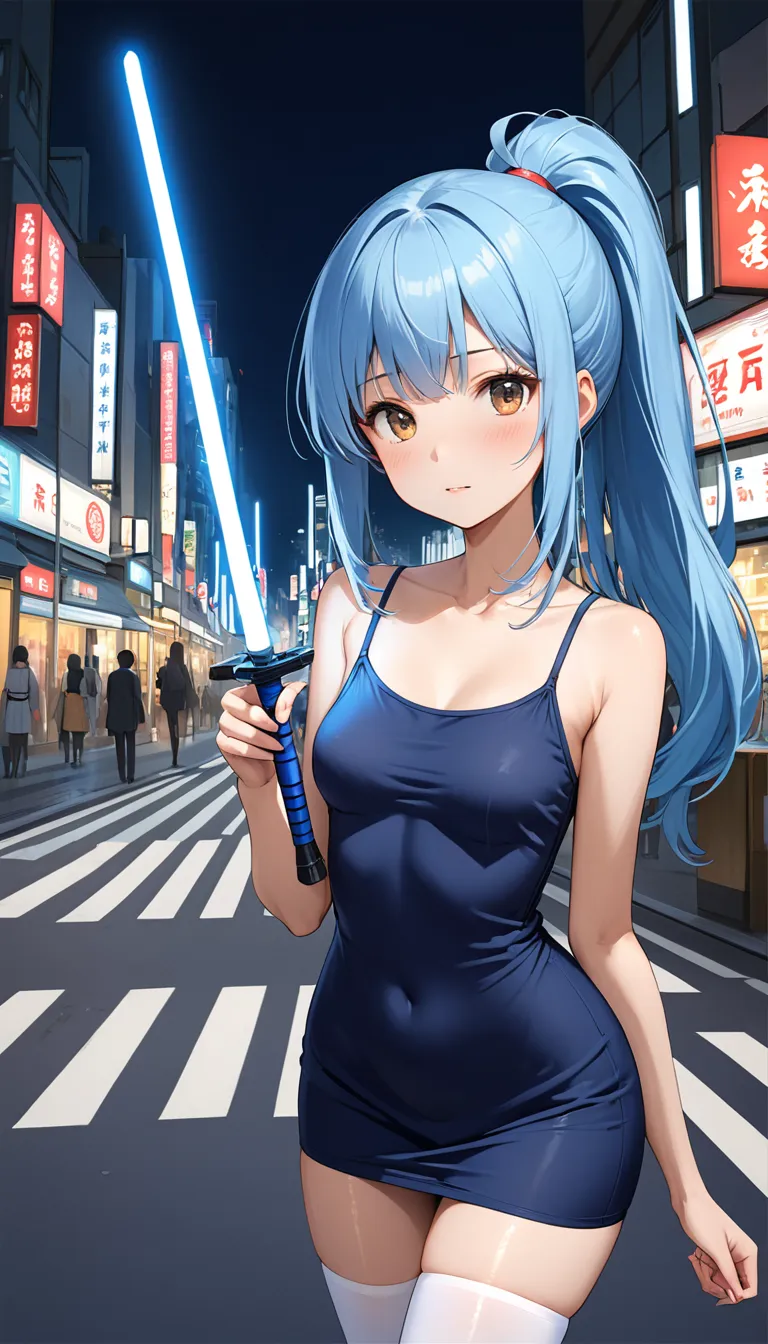 ((masterpiece,best quality:1.3,best quality illustrations)),cowboy shot,1woman,adult,(ponytail),straight long hair,light_blue ha...