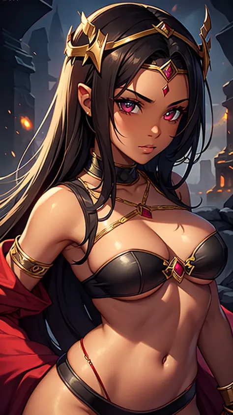  High fantasy bandit, beautiful 20 year old woman, human, dark tan skin, dark hair, dark eyes, high detail, portrait, ruby forehead circlet, fully clothed