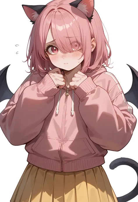 1girl, solo, lower body out of frame, devil wings, pink eye, large eye, pale skin, pink hair, medium hair, cat ears, cat tail, pink jacket, yellow skirt, hair covering right eye, shy and cute expression, hand behind back, white background