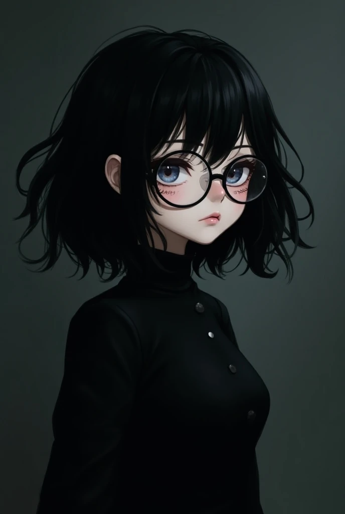 Chubby goth girl, black princess hair cut wearing glasses. Anime girl