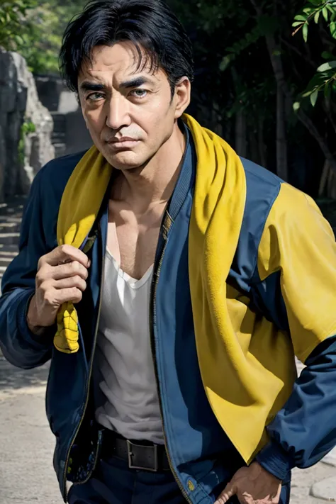 blue jacket 、(yellow towel), shirt,
belt, iris, black hair, alone,
male, 50 years old,frowning,daily life、 real style、nature in ...