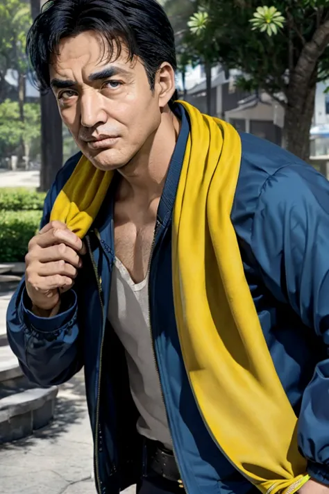 blue jacket 、(yellow towel), shirt,
belt, iris, black hair, alone,
male, 50 years old,frowning,daily life、 real style、nature in ...