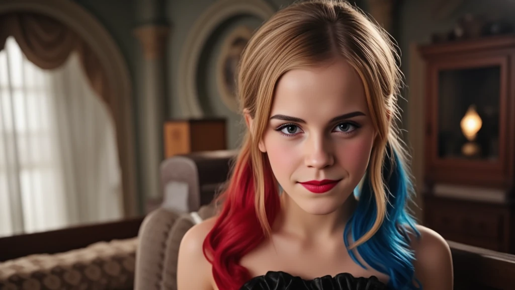 (masterpiece, best quality:1.2), closeup of Emma Watson dressed as Harley Quinn, red and blue pigtails, sexy smirk