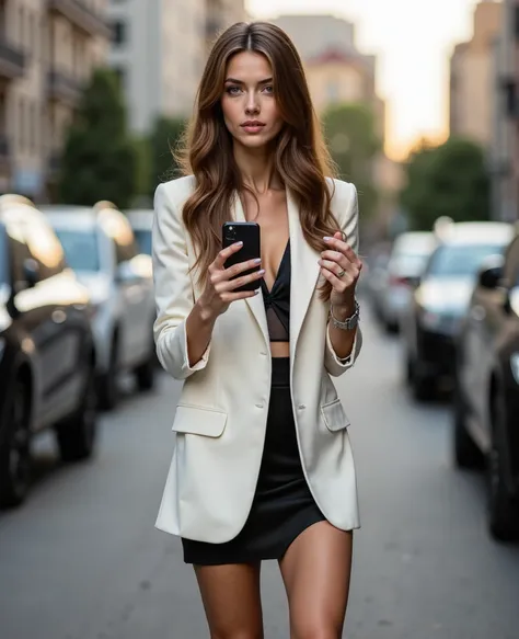 Gaia, Urban chic half-body fashion shot. Canon EOS R5, RF 50mm f/1.2. Model with extraordinarily long chestnut hair reaching waist, styled in soft, voluminous waves. Wearing crisp white blazer, black mini skirt. Captured mid-text on iPhone 14 Pro Max, held...