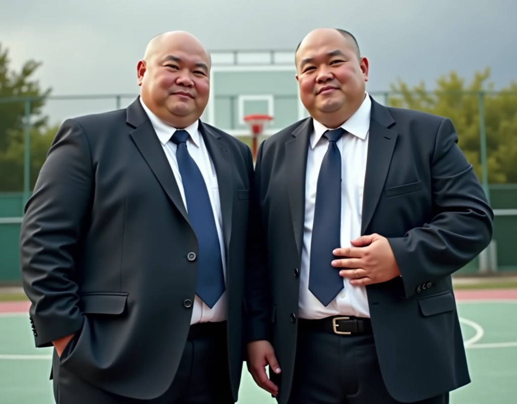  best quality ,  facial focus,  super high resolution , (Reality:1.4), RAW photo, Two obese young male students in suits from China，Baldhead，Lips tightly closed，Dark blue tie、 look serious， facing the camera，Basketball Court，Hug each other&#39;s shoulders，...