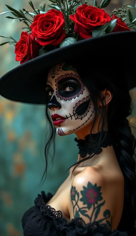 realistic intricate sensual photography bigboods catherina mexico day of the dead ,  with gothic art style hat , dark lights, sh...