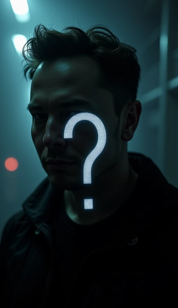 (photorealism:1.2), "A shadowy image of Elon Musk with a question mark overlay, set against a dramatic, dark background with hints of electric lights, creating intrigue and curiosity.