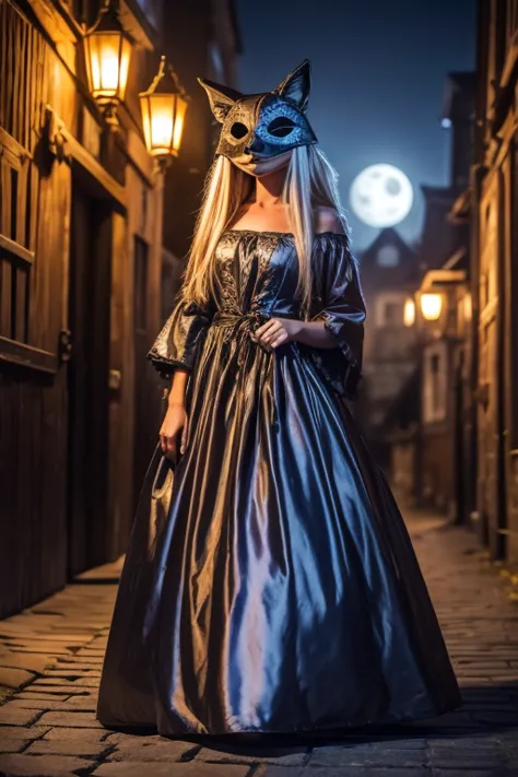 a girl in a fox mask in a medieval witch's evening dress, at a halloween party ,  at a yokai festival on european medieval city ...