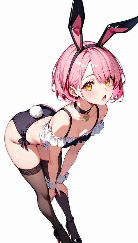   High image quality  、  high quality、   one girl playing pranks、  Pink Hair 、  short hair、   GOLDEN EYES 、 short stature 、 Small breasts、  clevis、   fisheye lens 、Shot from above、 Girl looking at the camera 、  looks up、 My cheeks are dyed red、Random postu...