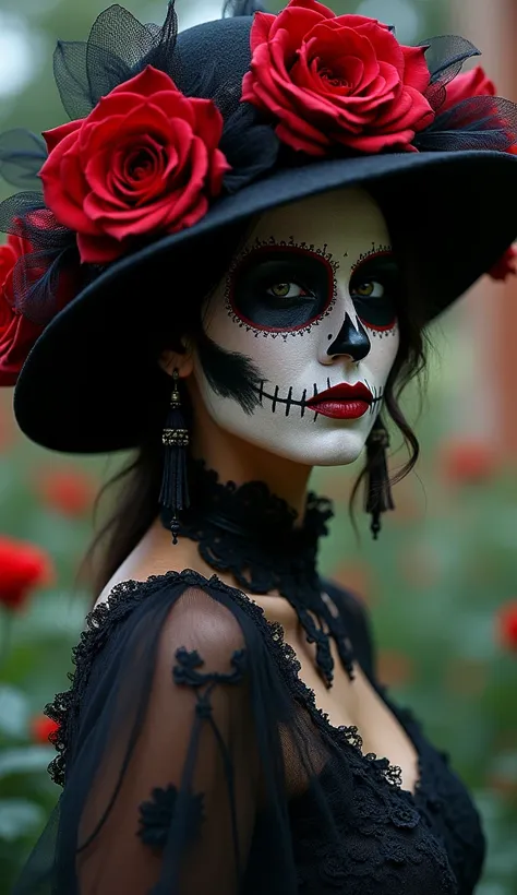 realistic intricate sensual photography bigboods catherina mexico day of the dead ,  with gothic art style hat , dark lights, sh...