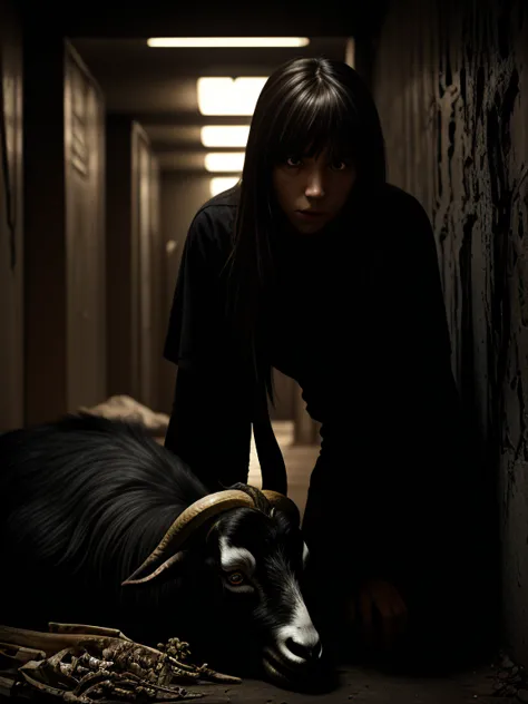 (best lighting, high contrast, dark, dramatic), (brunette girl next to a giant black goat, autopsy, human bones, blood on the wa...