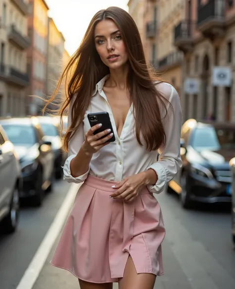 Gaia, Full-body street fashion editorial. Sony A1 with 24-70mm f/2.8 GM lens. 175cm tall model with exceptionally long chestnut hair flowing past waist. Wearing pastel pink A-line mini skirt, white silk shirt with subtle texture. Metallic silver stilettos....