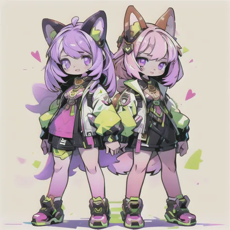 anime-style image of  (((two girls with fox ears and purple eyes ))) and pink and yellow hair with an open mouth,  conceptual ar...