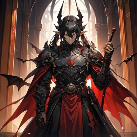 an old man is the demon king,  long black hair, straight hair, brown skin,  long bangs , elf ears, narrow red eyes, smirking fac...