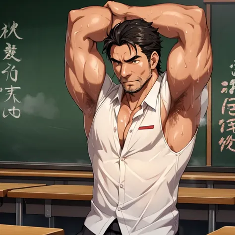 Japan、classroom、 blackboard 、 is sweating、male、teacher、gentlemen、 shirt 、40 years old、Muscular、Strong、Raise your arms and say hello、Steamy、 steam 、Heat、It stinks、My armpits are wet 