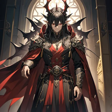 an old man is the demon king,  long black hair, straight hair, brown skin,  long bangs , elf ears, narrow red eyes, smirking smi...