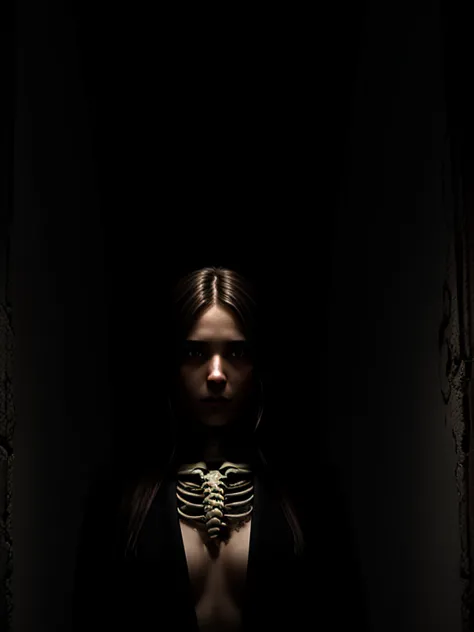 (best lighting, high contrast, clarity, dramatic), (brunette girl next to a giant black skeleton, intrigue, human bones, blood o...