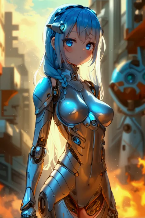 Anime, girl, cute, robot, feminine, silver hair, long hair, braid, wavy hair, blue eyes, blue futuristic dress, belt, off-shoulder long sleeves, stockings, boots, small height, petite, curvaceous, voluptuous, large breasts, thick hips, thick thighs