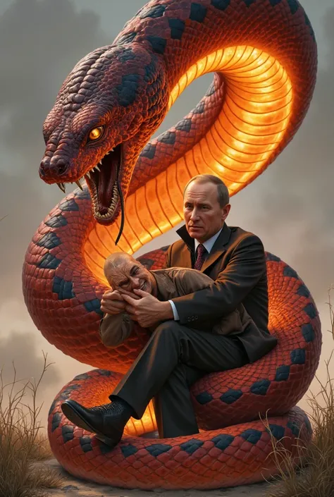 a huge bright snake suffocates little Putin. Putin is in pain excruciatingly