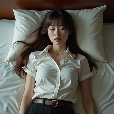 Hyperrealism, a beautiful Japanese woman is laying on the bed, long spread brown hair, natural bang, she is wearing Thai university costume with small short sleeve white shirt, silver button down shirt, black tight short business skirt, brown belt with sil...