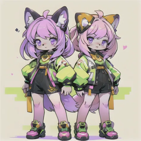 anime-style image of  (((two girls with fox ears and purple eyes ))) and pink and yellow hair with an open mouth,  conceptual ar...