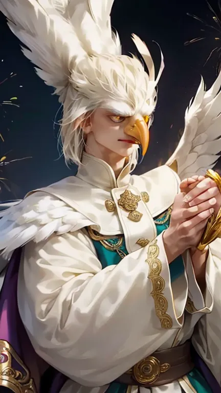 1boys, (Beauty Eagle anthro), Griffon, Solo, White Feathers, Fluffy Long Feathers, White Skin, ((((Eagle Beak)))), Long Claws, ((White Feathered Hands & Fingers With Claws)), (Long coat:1.2), Vintage Flower Shackle, Old Age, (((Ultra detailed face & eyes &...