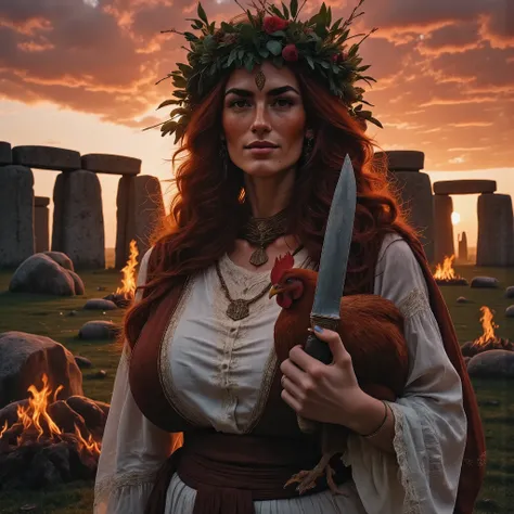 Photorealistic, cinematic style, picture of a beautiful British woman dressed like an ancient druid. smile. Shes got brown eyes, downturned eye shape, light skin and freckles, long reddish-brown hair. Shes wearing a wreath of green leaves and grasses. bro...