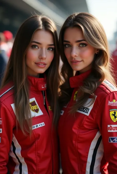 Girl with long hair, brown and layered ,  in Ferrari uniform , And girl with brown hair and blue Redbull uniform 