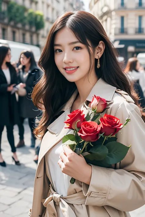 highest quality、4K、Perfect Face、Perfect Style、Sunburn、beautiful、stylish appeal、Mature、long layer curly hair、Swept-back hair、in paris 、full body, giddy smile、havin a rose bouquet 、hoop pierce、trench coat、